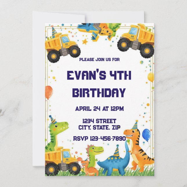 Convites Construction Dinosaur Birthday Invitation Dump (Frente)