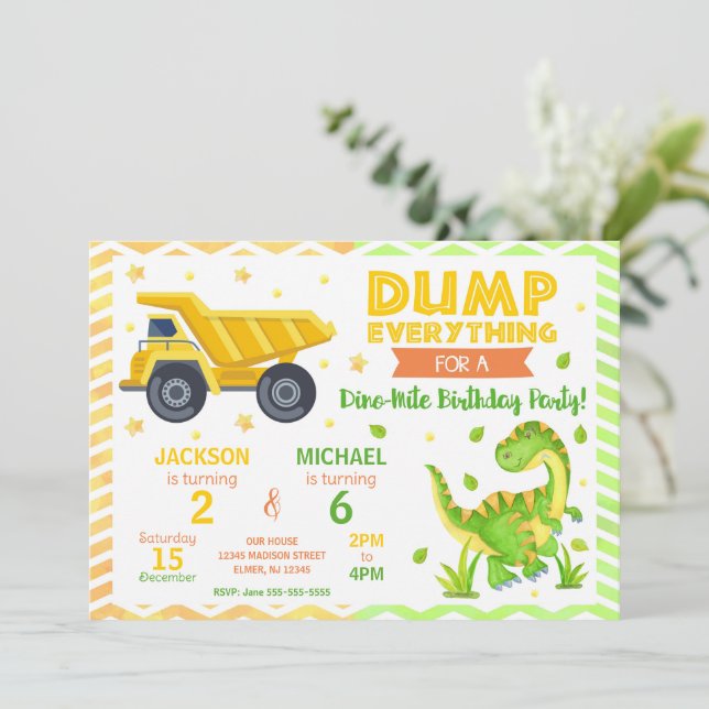 Convites Construction & Dinosaur Joint Birthday Invitation (Em pé/Frente)