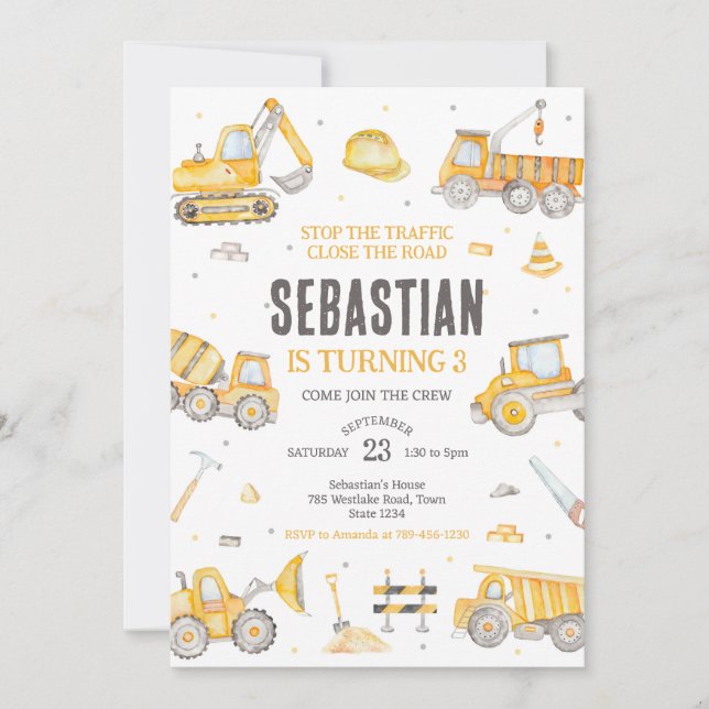Convites Construction Dump Truck Excavator Boy Birthday (Frente)