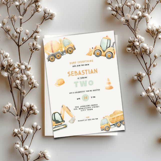 Convites Construction Dump Truck Theme 2nd Birthday (Construction Dump Truck Party Boys Birthday Invitation)