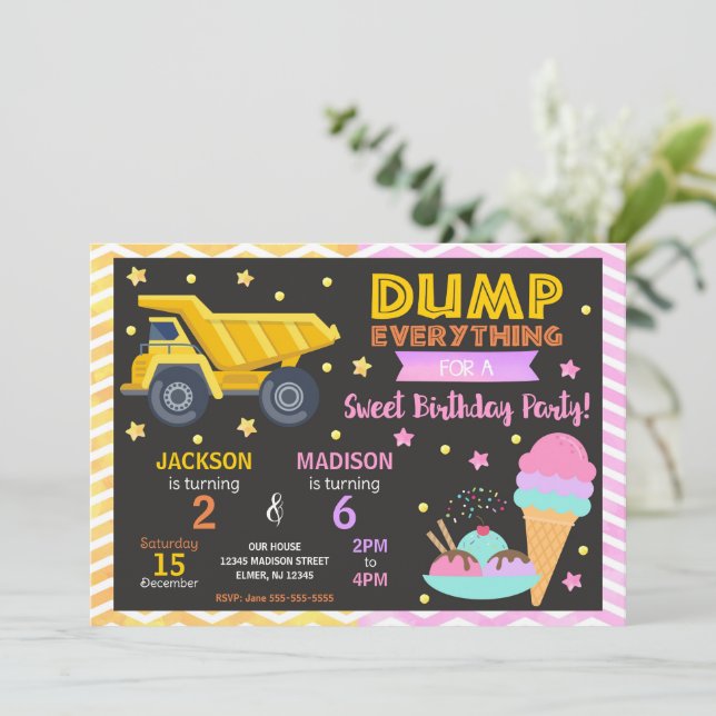 Convites Construction & Ice Cream Joint Birthday Invitation (Em pé/Frente)