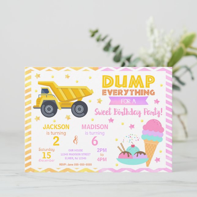 Convites Construction & Ice Cream Joint Birthday Invitation (Em pé/Frente)