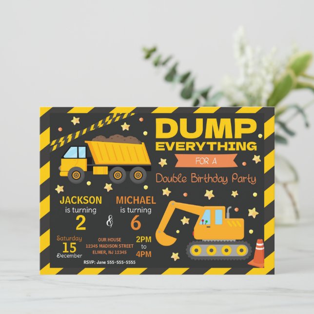 Convites Construction Joint Birthday Invitation Siblings (Em pé/Frente)