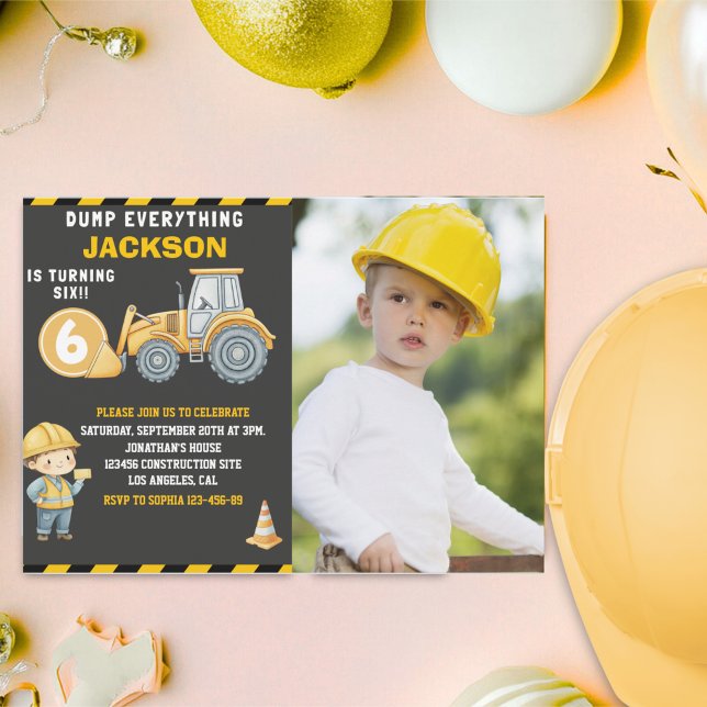 Convites Construction Photo Birthday Invitation Turning 6 (Criador carregado)
