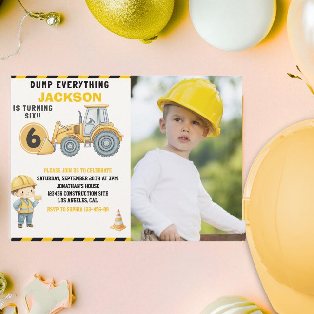 Convites Construction Photo Birthday Turning 6 yellow (Criador carregado)