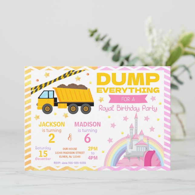 Convites Construction & Princess Joint Birthday Invitation (Em pé/Frente)