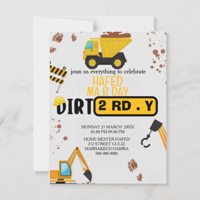 Convites Construction Theme 3rd Birthday Invitation Dirty 3 (Frente)