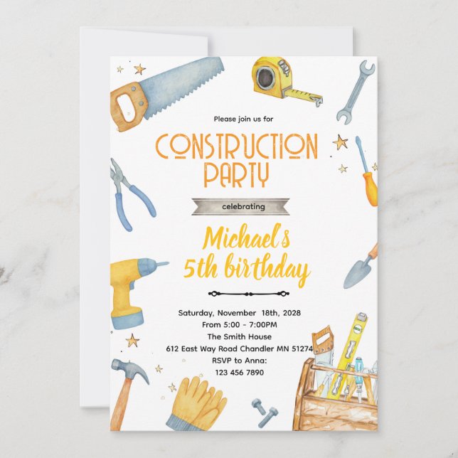 Convites Construction Tools theme invitation (Frente)