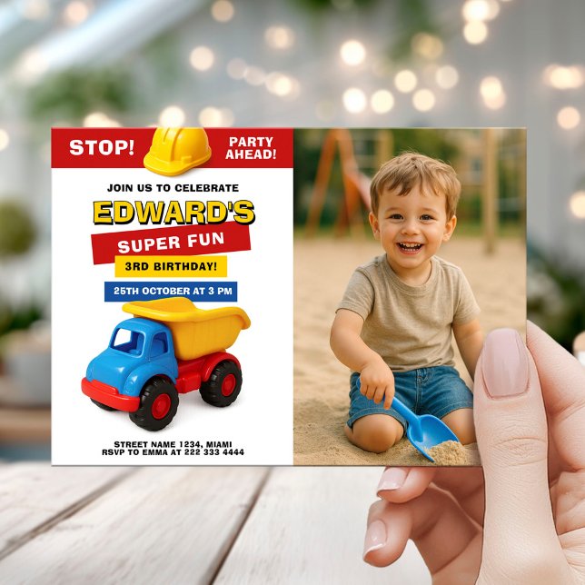 Convites Construction Truck Birthday with photo (Criador carregado)