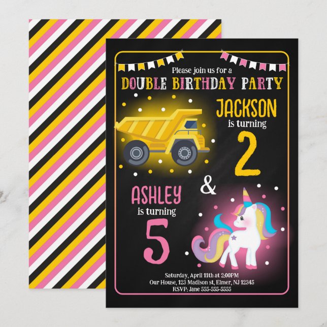 Convites Construction Truck Unicorn Siblings Joint Birthday (Frente/Verso)