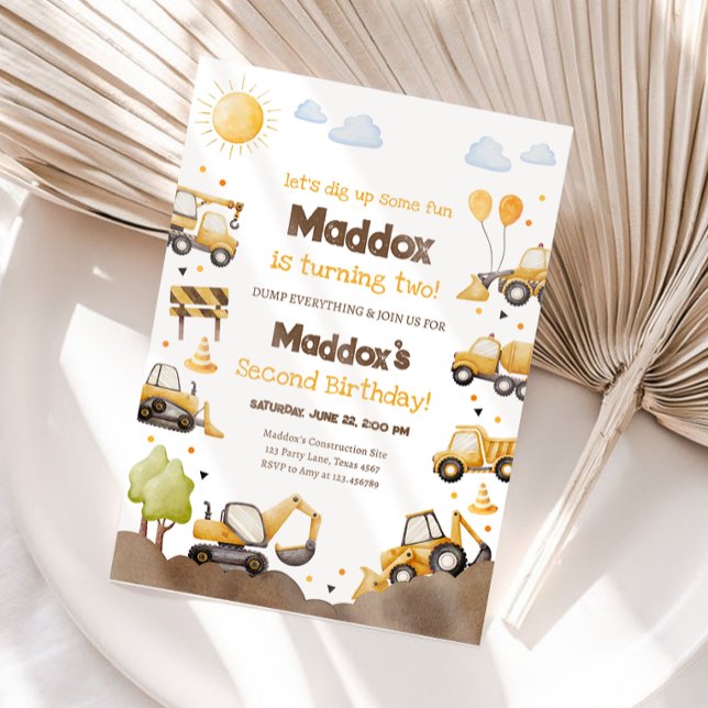 Convites Construction Trucks Boy 2nd Second Birthday (Criador carregado)