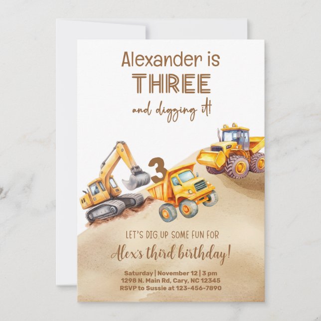 Convites Construction trucks boy birthday invitation. (Frente)