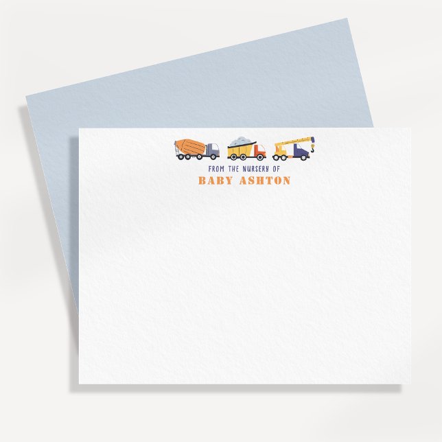 Convites Construction Trucks Nursery Note Card (Criador carregado)