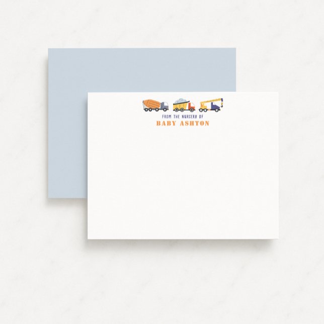 Convites Construction Trucks Nursery Note Card (Criador carregado)