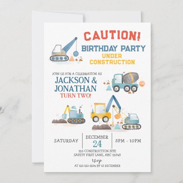 Convites Construction Trucks, Twin Boys Birthday Party (Frente)