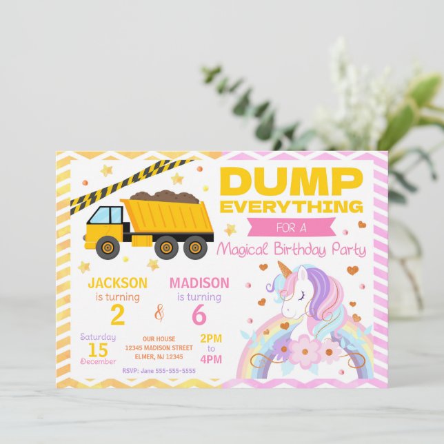 Convites Construction & Unicorn Joint Birthday Invitation (Em pé/Frente)