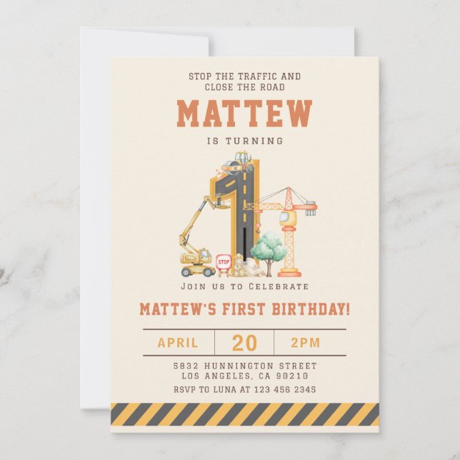 Convites Construction Vehicles 1st Birthday Invitation (Frente)