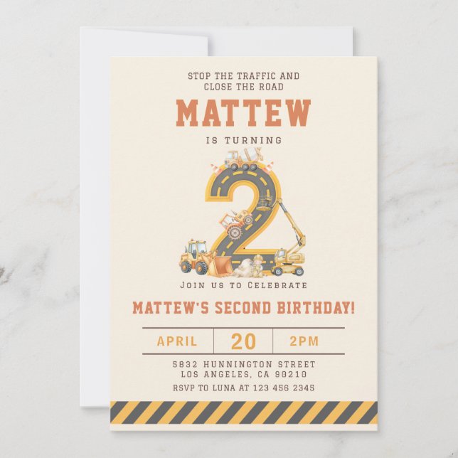 Convites Construction Vehicles 2nd Birthday Invitation (Frente)