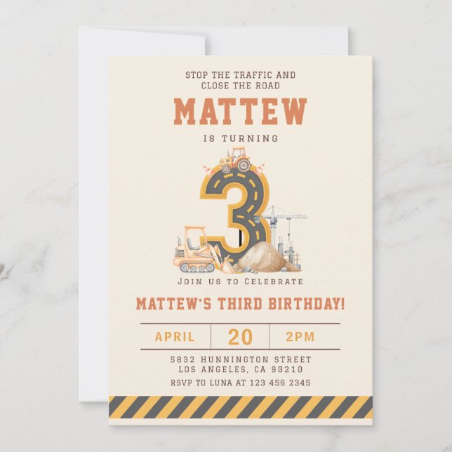 Convites Construction Vehicles 3rd Birthday Invitation (Frente)