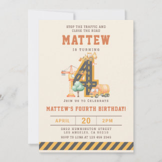 Convites Construction Vehicles 4th Birthday Invitation