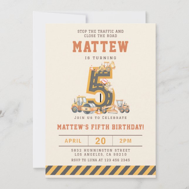 Convites Construction Vehicles 5th Birthday Invitation (Frente)