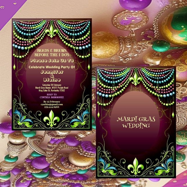 Convites Conta & Cervejas Fleur De Lis Mardi Gras Festa de  (Bead & Brews Fleur De Lis Mardi Gras Wedding Party Invitation)