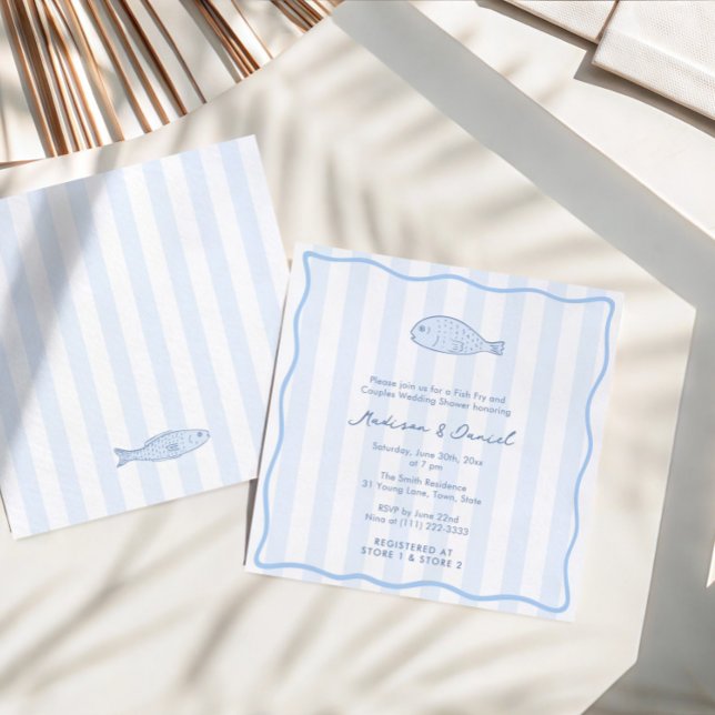 Convites Contemporary Doodle Fish Fry Engagement Party (Trendy hand-drawn blue and white fish fry couples wedding shower invitation)