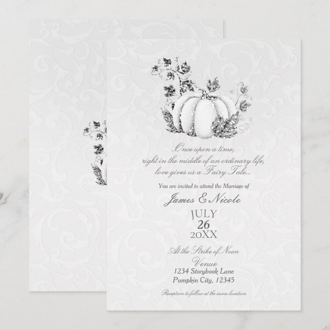 Convites Conto de Fadas Casamento Abóbora Prata Cor de Hist (Frente/Verso)