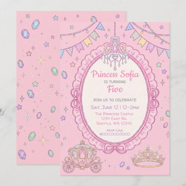 Convites Conto de Fadas Chique Rosa Princesa Aniversário (Frente/Verso)