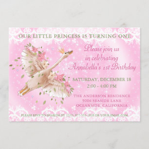 Convites Conto de Fadas Cisne Rosa Floral e Renda Aniversár