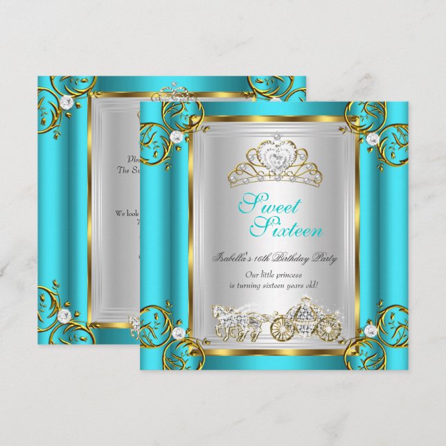 Convites Conto de Fadas Doce 16 16º Aniversário Turquesa Ve (Frente/Verso)