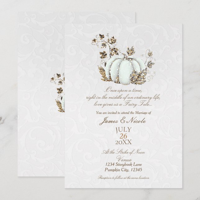 Convites Conto de Fadas Dourado Abóbora Branca Casamento (Frente/Verso)