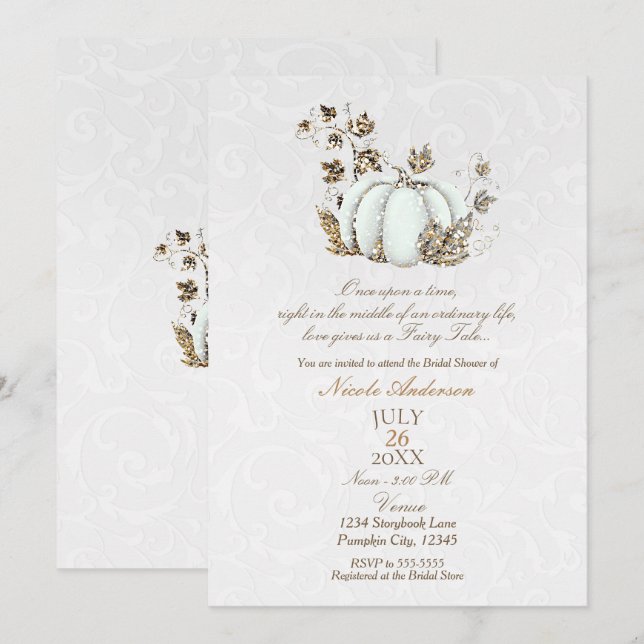 Convites Conto de Fadas Dourado Branco Abóbora Noiva Fada (Frente/Verso)