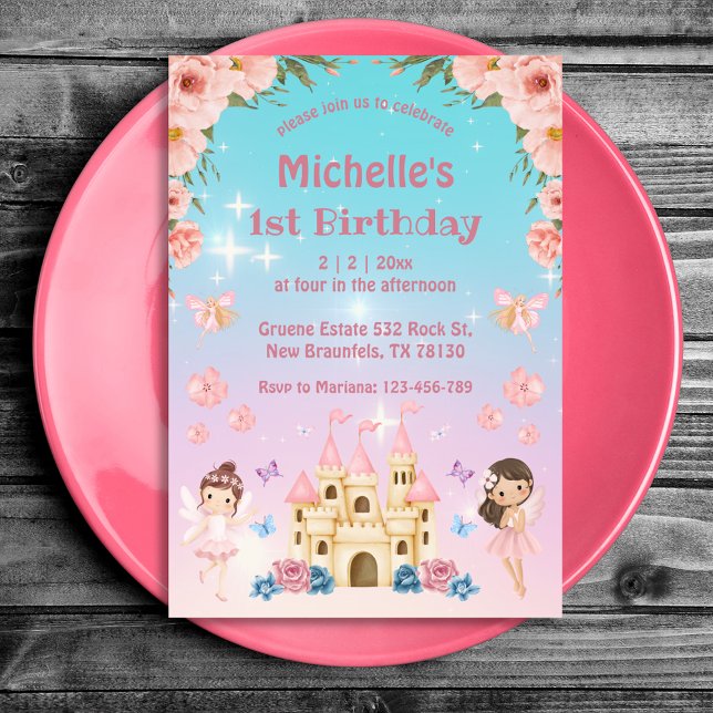 Convites Conto de fadas e primeiro aniversario floral cor-d (Criador carregado)