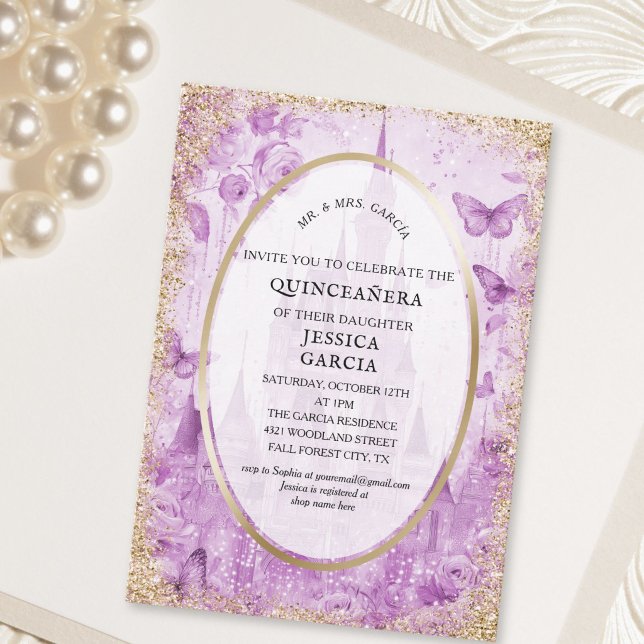 Convites Conto de Fadas Floresta Encantada  Castelo Quincea (Fairytale Enchanted Forest Castle Quinceañera Invitation)