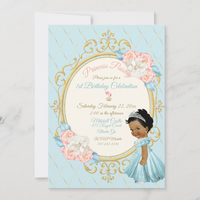 Convites Conto de Fadas Princesa Real Rosa Aqua Menina Étni (Frente)