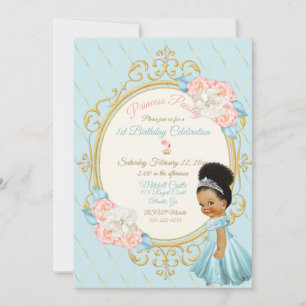 Convites Conto de Fadas Princesa Real Rosa Aqua Menina Étni