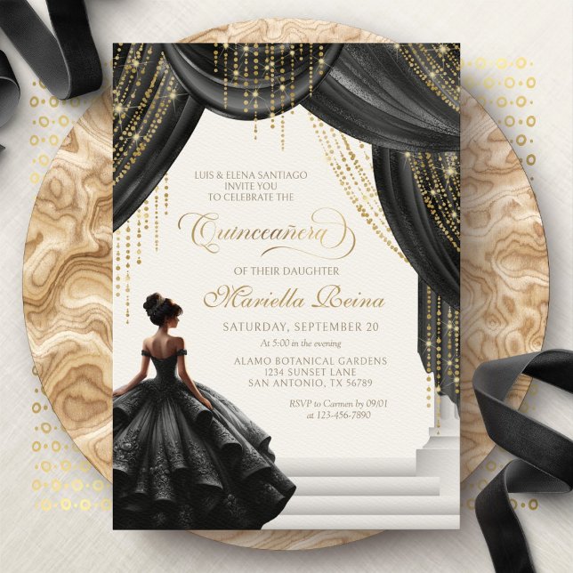 Convites Conto de Fadas Real Preto Moderno Quinceanera (Criador carregado)