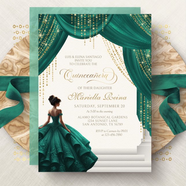 Convites Conto de Fadas Real Verde Moderno Quinceanera (Criador carregado)