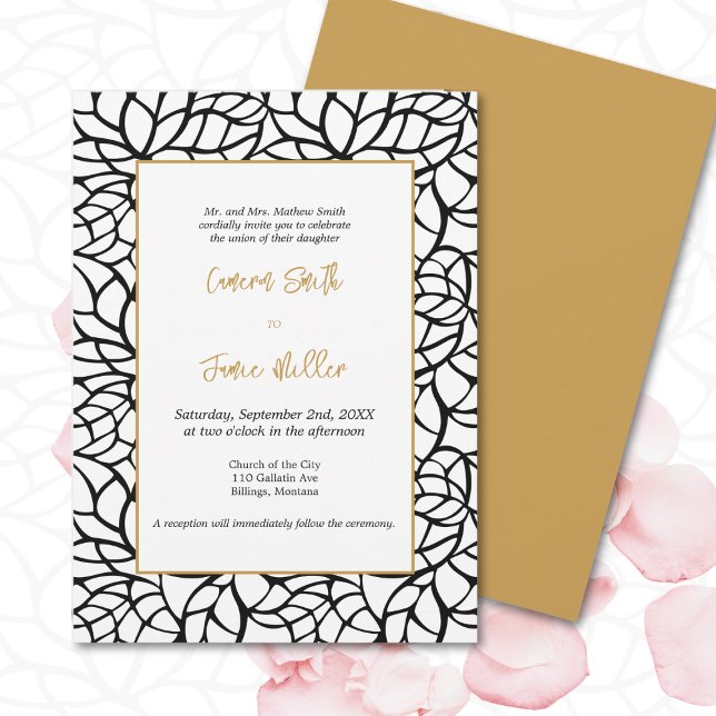 Convites Contorno de Folhagem Negra Aztec Destaques Dourado (Black Foliage Outline Aztec Gold Accents Wedding Invitation)