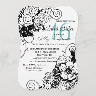 Convites Contorno Floral bonito Preto e Branco
