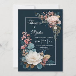 Convites Contraste Opulento Floral Rosa Azul Meia-Noite Cas