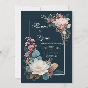 Convites Contraste Opulento Floral Rosa Azul Meia-Noite Cas
