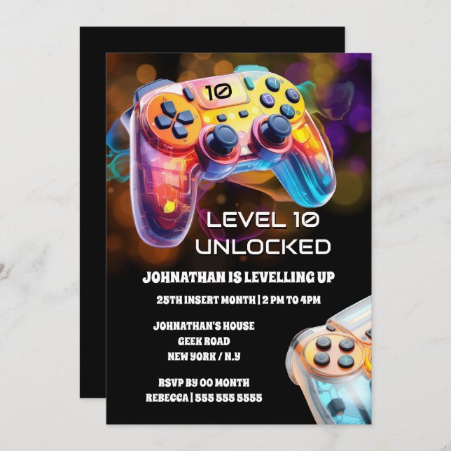 Convites Controladora de jogos - festa do néon preto alaran (Frente/Verso)