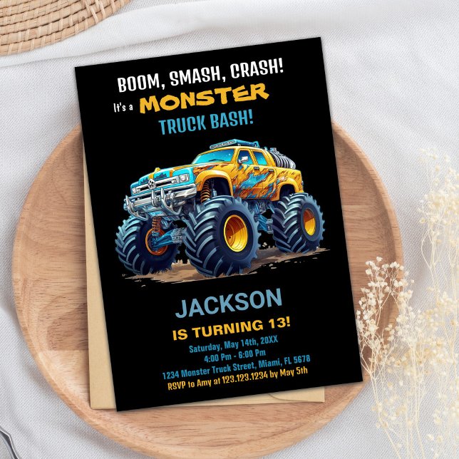 Convites Convidações de aniversário de caminhões monstros A (Monster Truck Birthday Invitations Yellow Black)