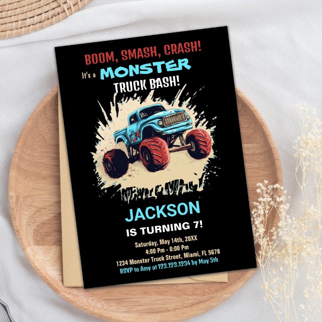 Convites Convidações de aniversário de caminhões monstros P (Monster Truck Birthday Invitations Black)