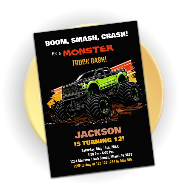 Convites Convidações de Aniversário do Monstro Verde - Pret (Green Monster Truck Birthday Invitations Black)