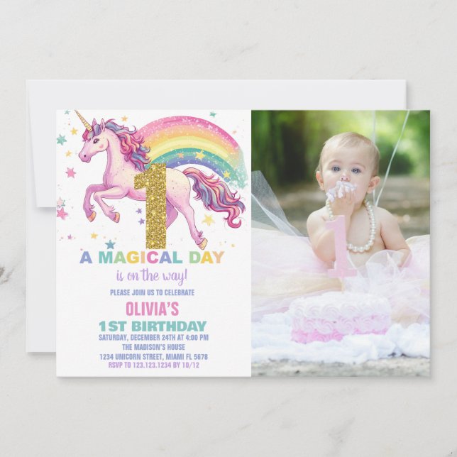 Convites Convidações de aniversário do Unicorn com imagem (Frente)