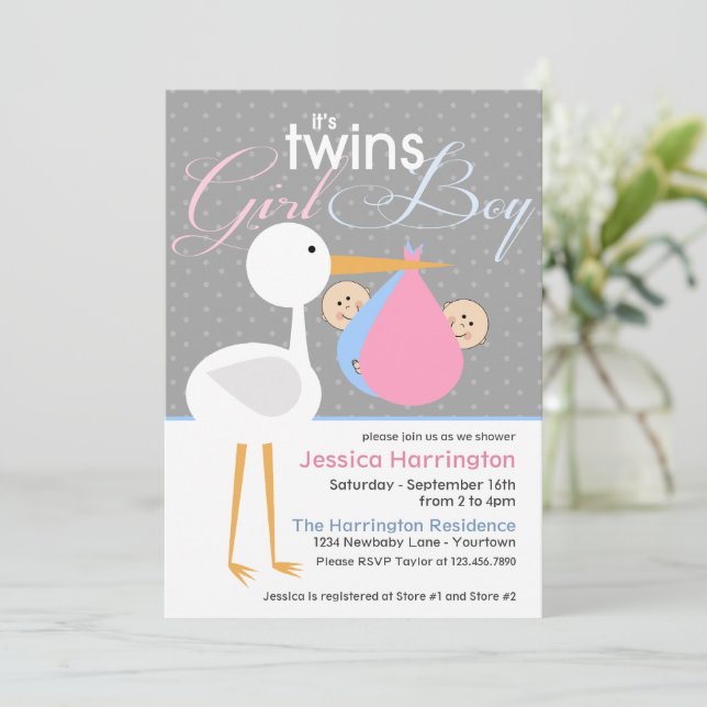 Convites Convidações de Bebê de Grelha/Garota Twin (Em pé/Frente)