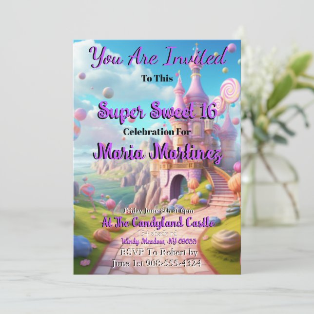 Convites Convidações do Castelo de Candyland Sweet 16 (Em pé/Frente)